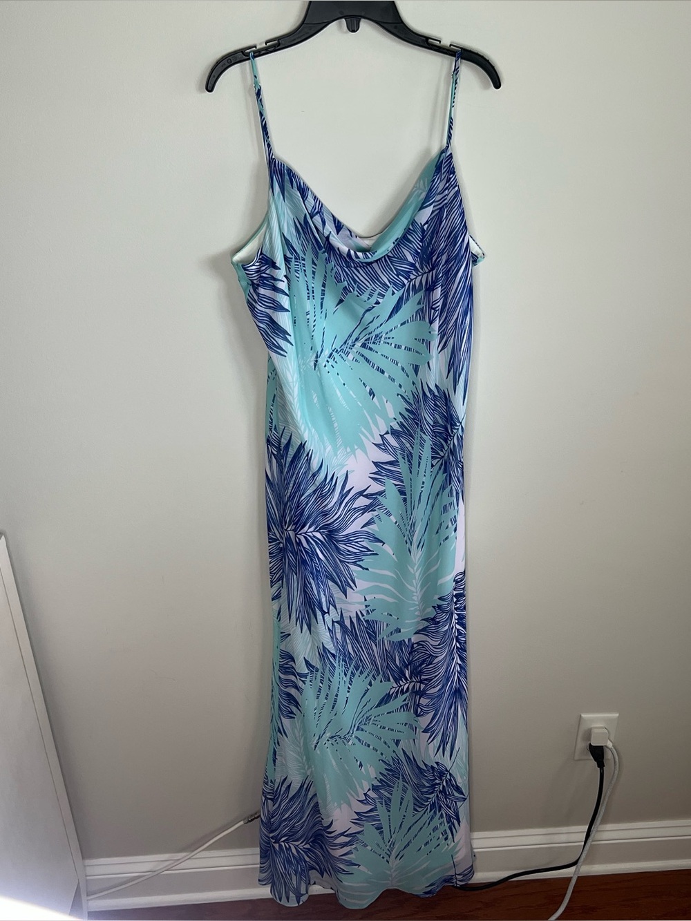 Calvin Klein Aqua and Navy Palm-Print Slip Maxi Dress